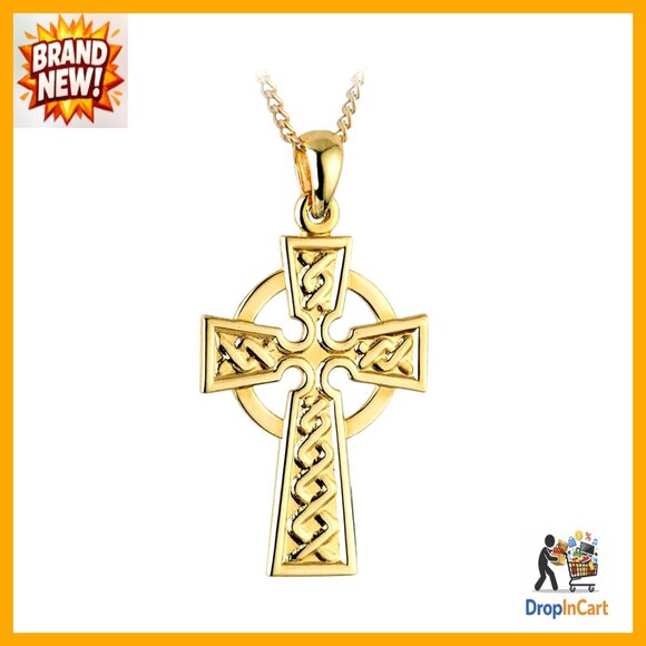 Celtic Cross Pendant Necklace Gold Plated Engraved Weave Classic Elegant